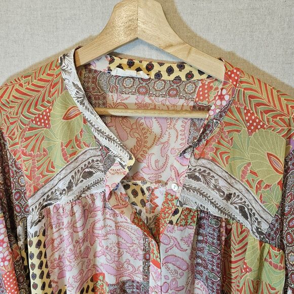 ee: some Womens Medium Sheer Top Mixed Print Pink Green Yellow Batwing - Picture 3 of 9